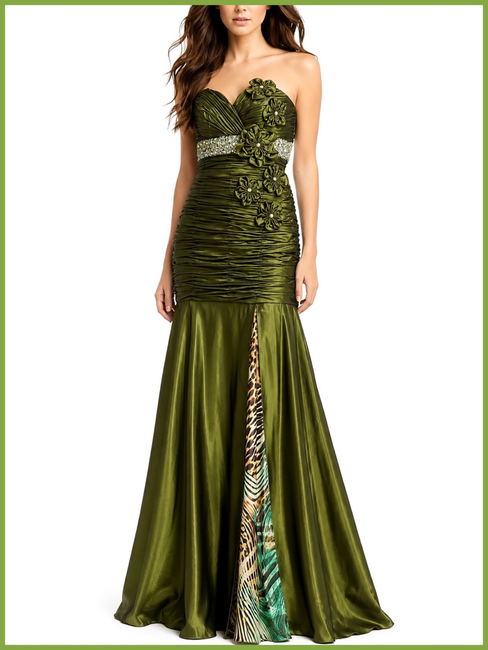 Gigi by La Femme Olive Green Strapless Floral Embellished Gown | Dress